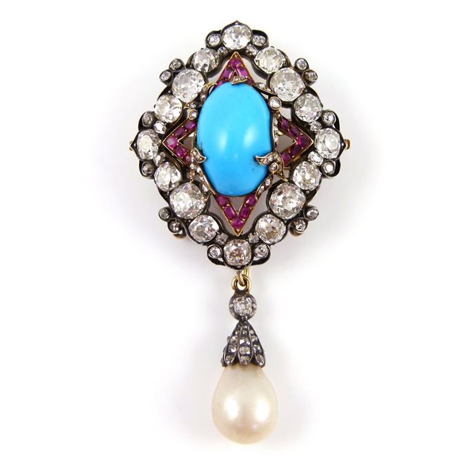 Turquoise, ruby, diamond and drop pearl cluster pendant brooch | MasterArt